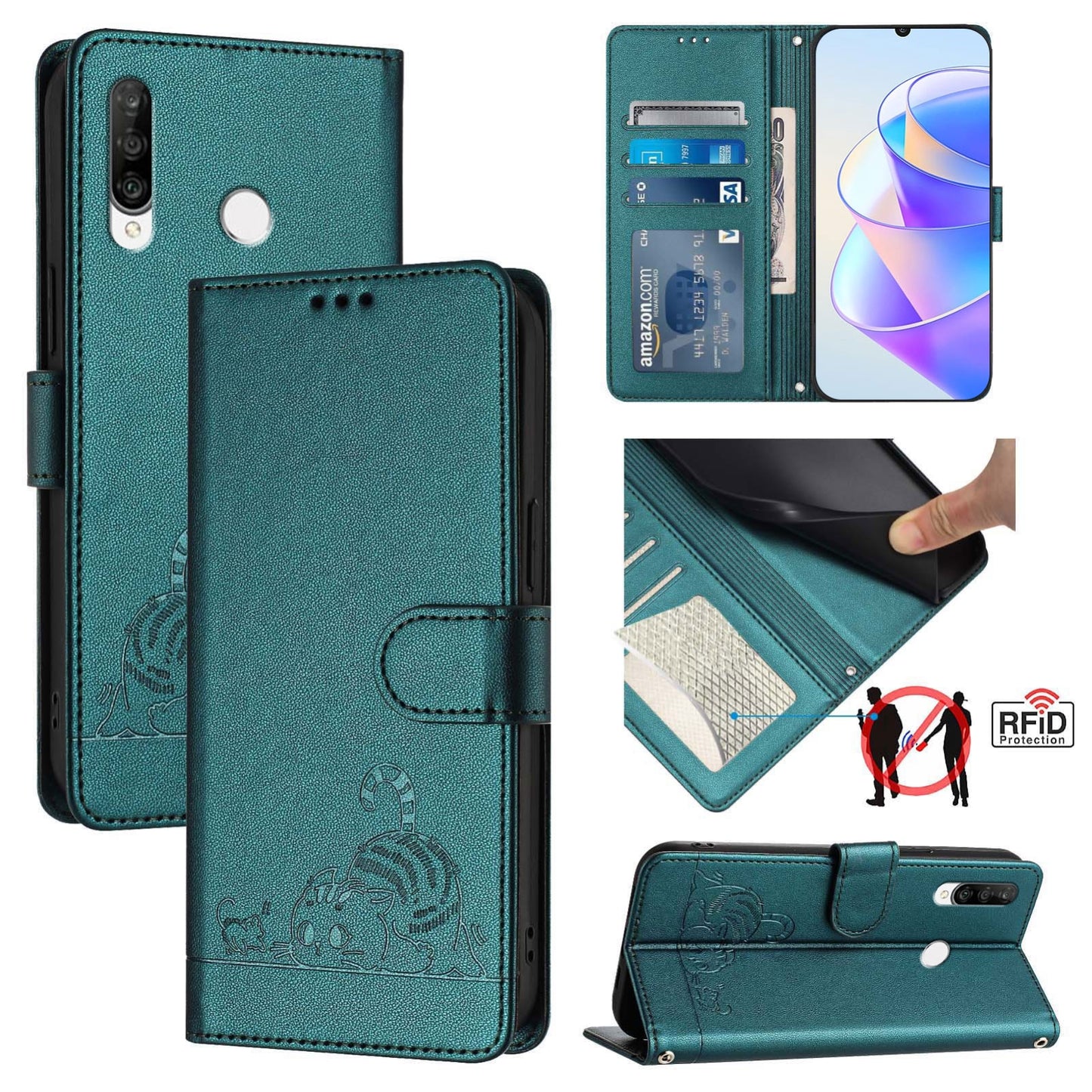 Huawei P30 Lite Cat and Rat Embossed Pattern, RFID Leather Phone Case with Lanyard, Kickstand, and Wallet Features