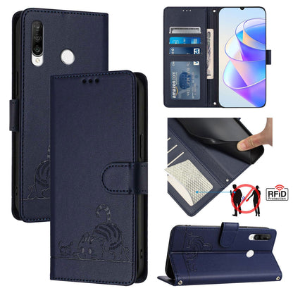 Huawei Nova 4e Cat and Rat Embossed Pattern, RFID Leather Phone Case with Lanyard, Kickstand, and Wallet Features