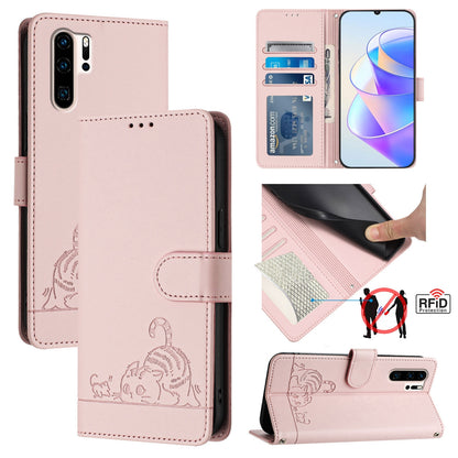 Huawei P30 Pro Cat and Rat Embossed Pattern, RFID Leather Phone Case with Lanyard, Kickstand, and Wallet Features