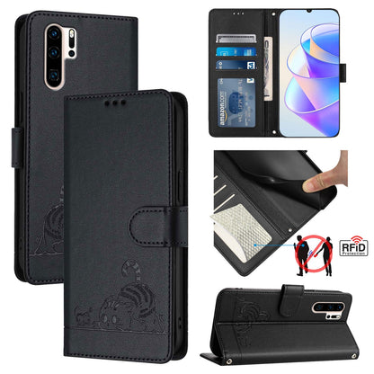 Huawei P30 Pro Cat and Rat Embossed Pattern, RFID Leather Phone Case with Lanyard, Kickstand, and Wallet Features