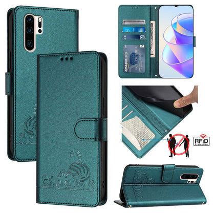 Huawei P30 Pro Cat and Rat Embossed Pattern, RFID Leather Phone Case with Lanyard, Kickstand, and Wallet Features