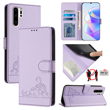 Huawei P30 Pro Cat and Rat Embossed Pattern, RFID Leather Phone Case with Lanyard, Kickstand, and Wallet Features