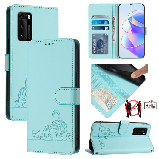 Huawei P40 Cat and Rat Embossed Pattern, RFID Leather Phone Case with Lanyard, Kickstand, and Wallet Features