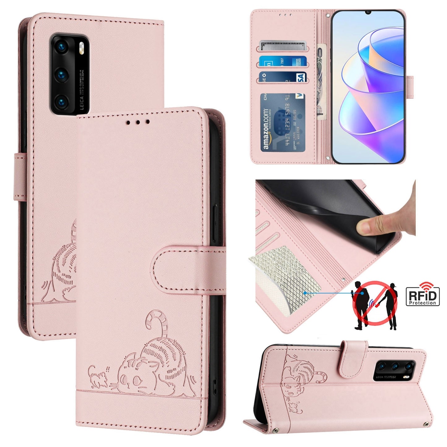 Huawei P40 Cat and Rat Embossed Pattern, RFID Leather Phone Case with Lanyard, Kickstand, and Wallet Features