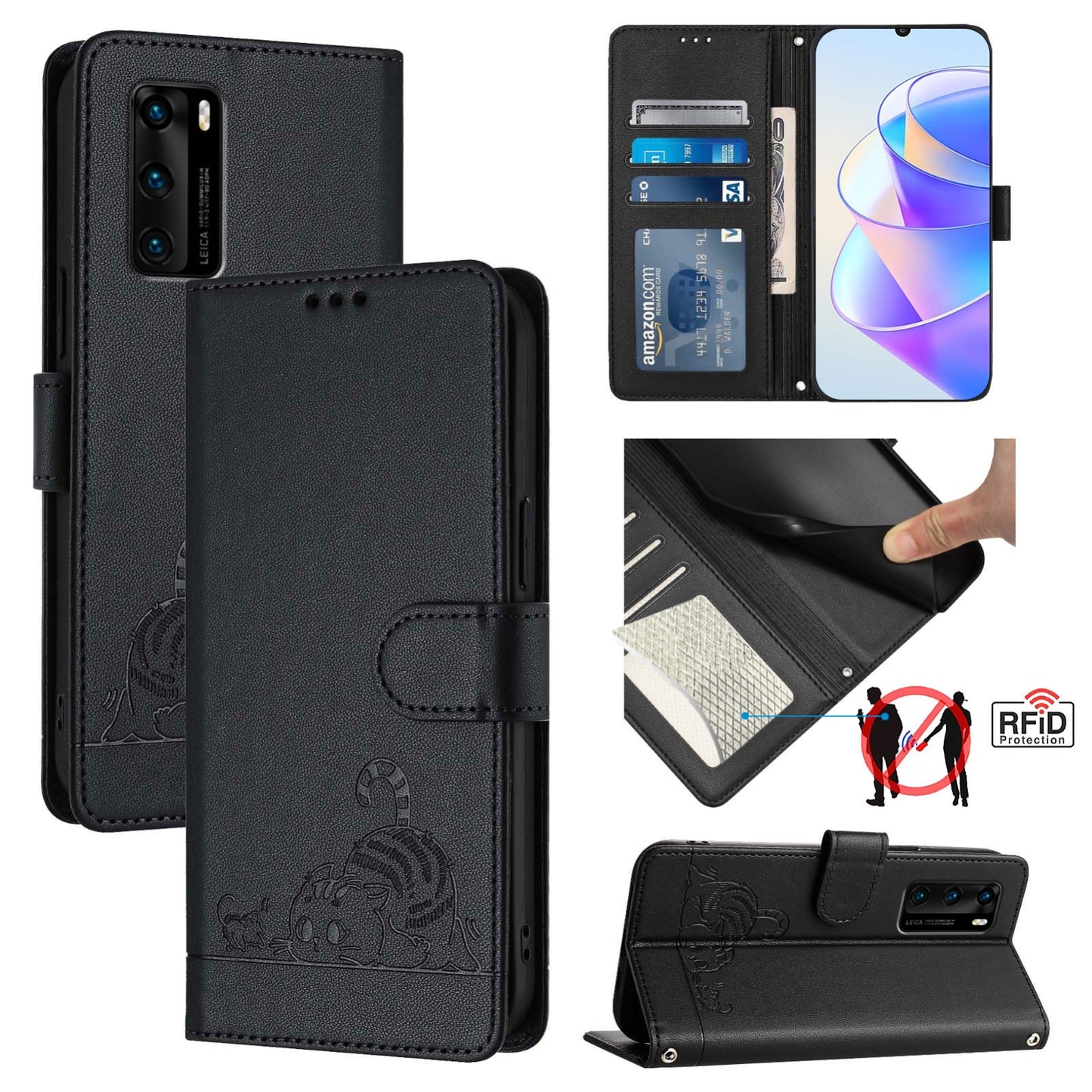 Huawei P40 Cat and Rat Embossed Pattern, RFID Leather Phone Case with Lanyard, Kickstand, and Wallet Features