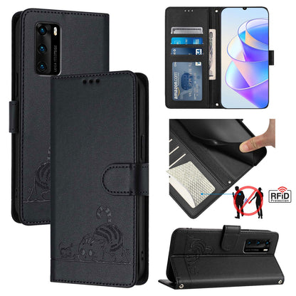 Huawei P40 Cat and Rat Embossed Pattern, RFID Leather Phone Case with Lanyard, Kickstand, and Wallet Features