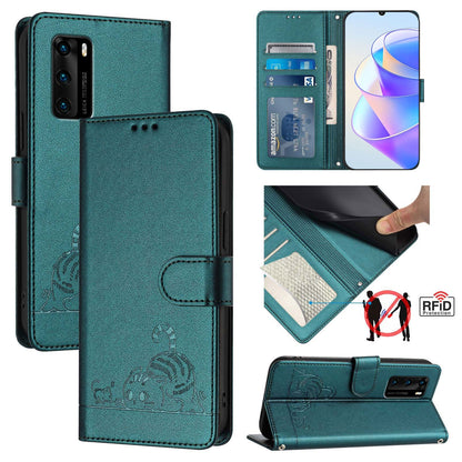 Huawei P40 Cat and Rat Embossed Pattern, RFID Leather Phone Case with Lanyard, Kickstand, and Wallet Features