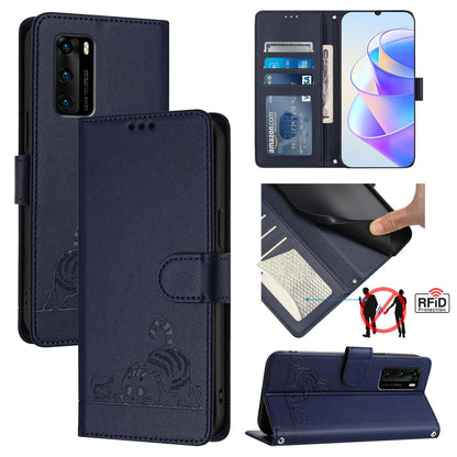 Huawei P40 Cat and Rat Embossed Pattern, RFID Leather Phone Case with Lanyard, Kickstand, and Wallet Features