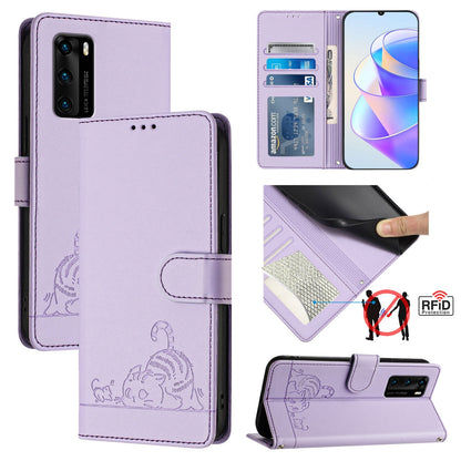 Huawei P40 Cat and Rat Embossed Pattern, RFID Leather Phone Case with Lanyard, Kickstand, and Wallet Features