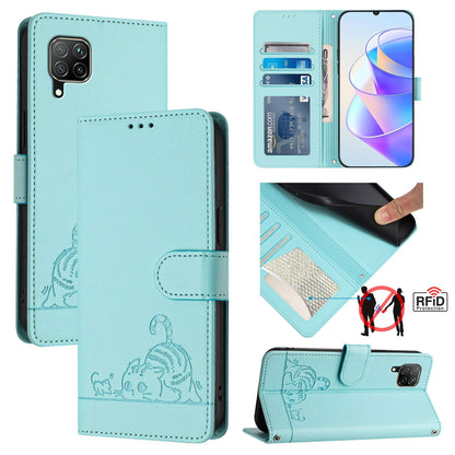 Huawei P40 lite 4G Cat and Rat Embossed Pattern, RFID Leather Phone Case with Lanyard, Kickstand, and Wallet Features