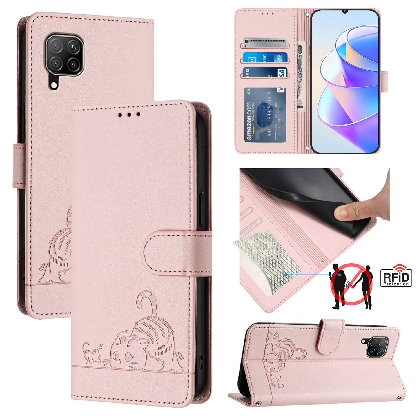 Huawei P40 lite 4G Cat and Rat Embossed Pattern, RFID Leather Phone Case with Lanyard, Kickstand, and Wallet Features