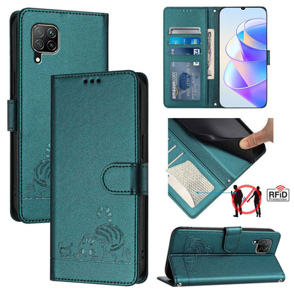 Huawei P40 lite 4G Cat and Rat Embossed Pattern, RFID Leather Phone Case with Lanyard, Kickstand, and Wallet Features