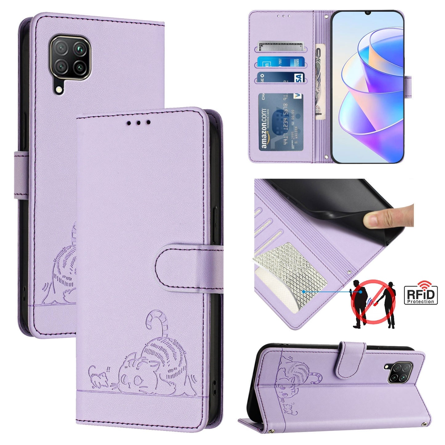 Huawei P40 lite 4G Cat and Rat Embossed Pattern, RFID Leather Phone Case with Lanyard, Kickstand, and Wallet Features