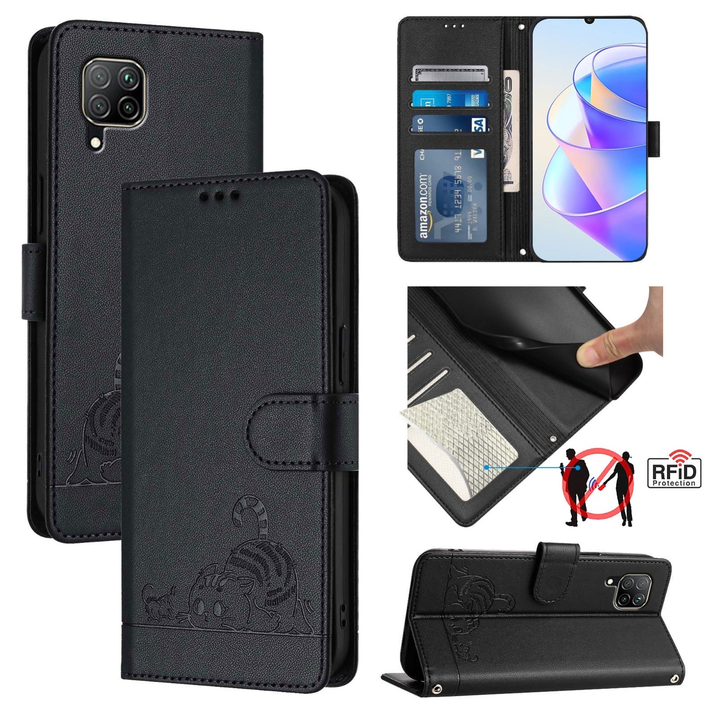 Huawei nova 6 SE Cat and Rat Embossed Pattern, RFID Leather Phone Case with Lanyard, Kickstand, and Wallet Features