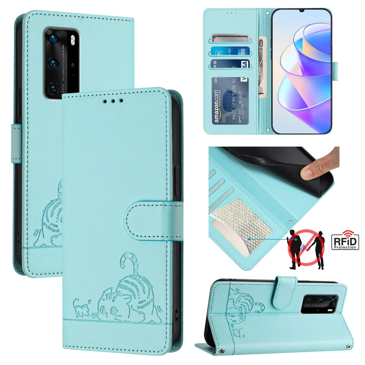 Huawei P40 Pro Cat and Rat Embossed Pattern, RFID Leather Phone Case with Lanyard, Kickstand, and Wallet Features