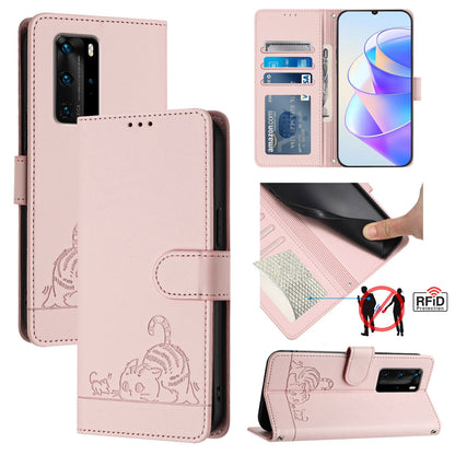 Huawei P40 Pro Cat and Rat Embossed Pattern, RFID Leather Phone Case with Lanyard, Kickstand, and Wallet Features