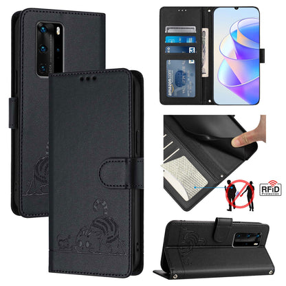 Huawei P40 Pro Cat and Rat Embossed Pattern, RFID Leather Phone Case with Lanyard, Kickstand, and Wallet Features