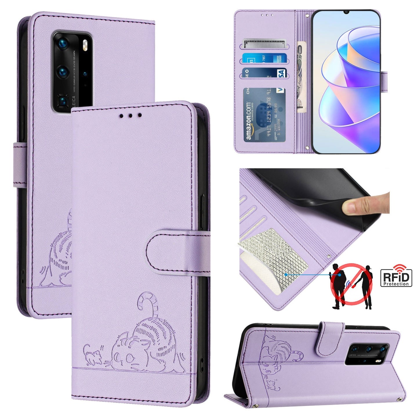 Huawei P40 Pro Cat and Rat Embossed Pattern, RFID Leather Phone Case with Lanyard, Kickstand, and Wallet Features