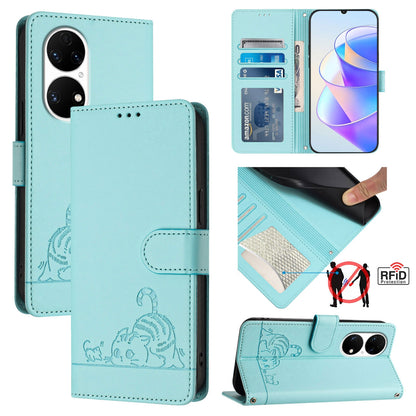 Huawei P50 Cat and Rat Embossed Pattern, RFID Leather Phone Case with Lanyard, Kickstand, and Wallet Features