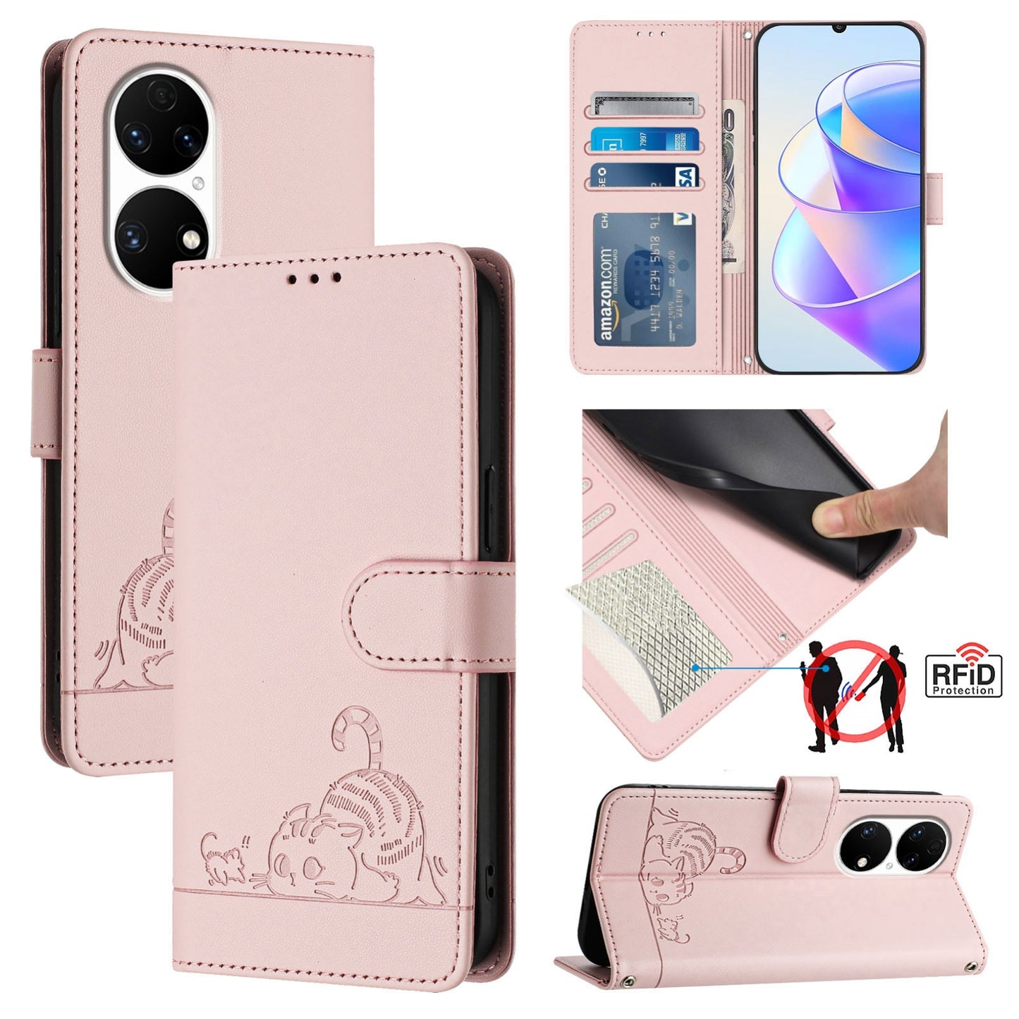 Huawei P50 Cat and Rat Embossed Pattern, RFID Leather Phone Case with Lanyard, Kickstand, and Wallet Features