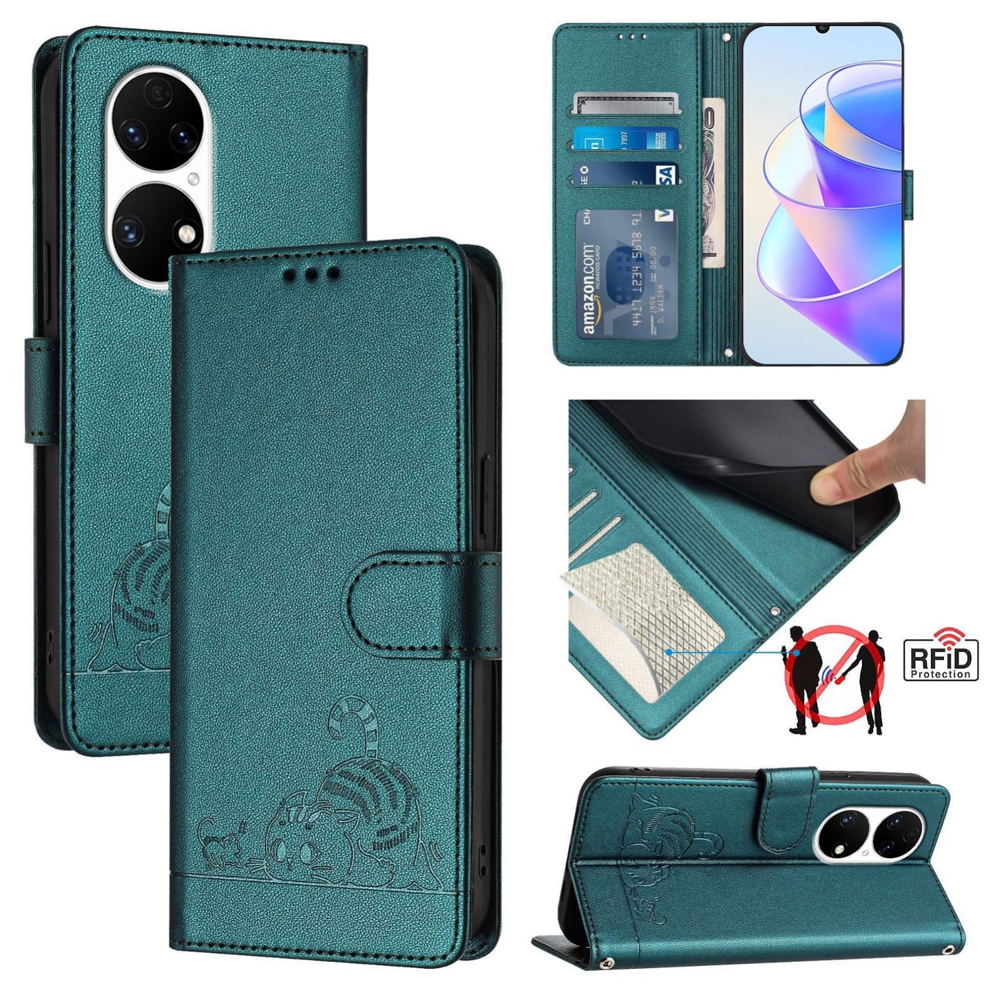 Huawei P50 Cat and Rat Embossed Pattern, RFID Leather Phone Case with Lanyard, Kickstand, and Wallet Features