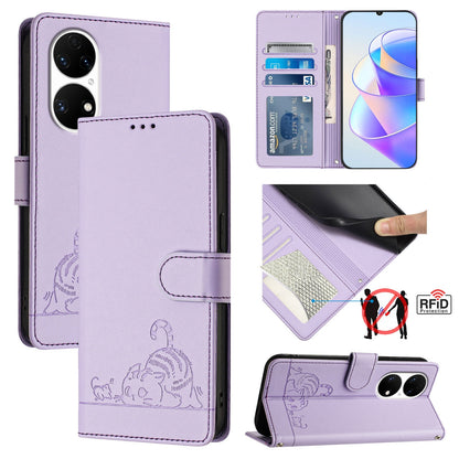 Huawei P50 Cat and Rat Embossed Pattern, RFID Leather Phone Case with Lanyard, Kickstand, and Wallet Features