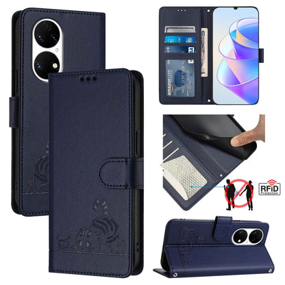 Huawei P50 Pro Cat and Rat Embossed Pattern, RFID Leather Phone Case with Lanyard, Kickstand, and Wallet Features