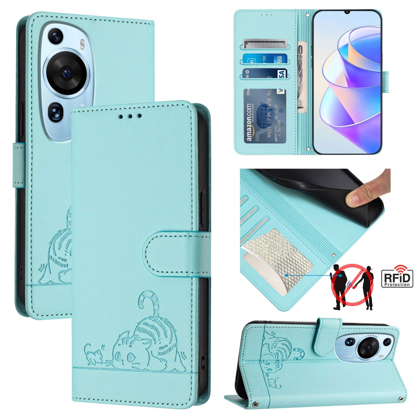 Huawei P60 Art Cat and Rat Embossed Pattern, RFID Leather Phone Case with Lanyard, Kickstand, and Wallet Features