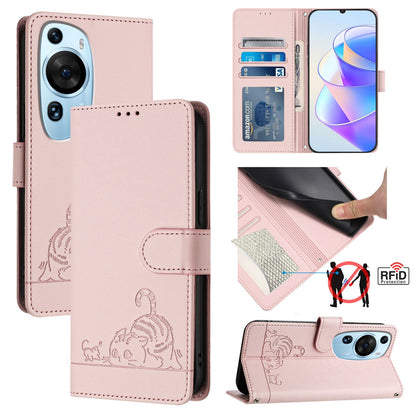 Huawei P60 Art Cat and Rat Embossed Pattern, RFID Leather Phone Case with Lanyard, Kickstand, and Wallet Features