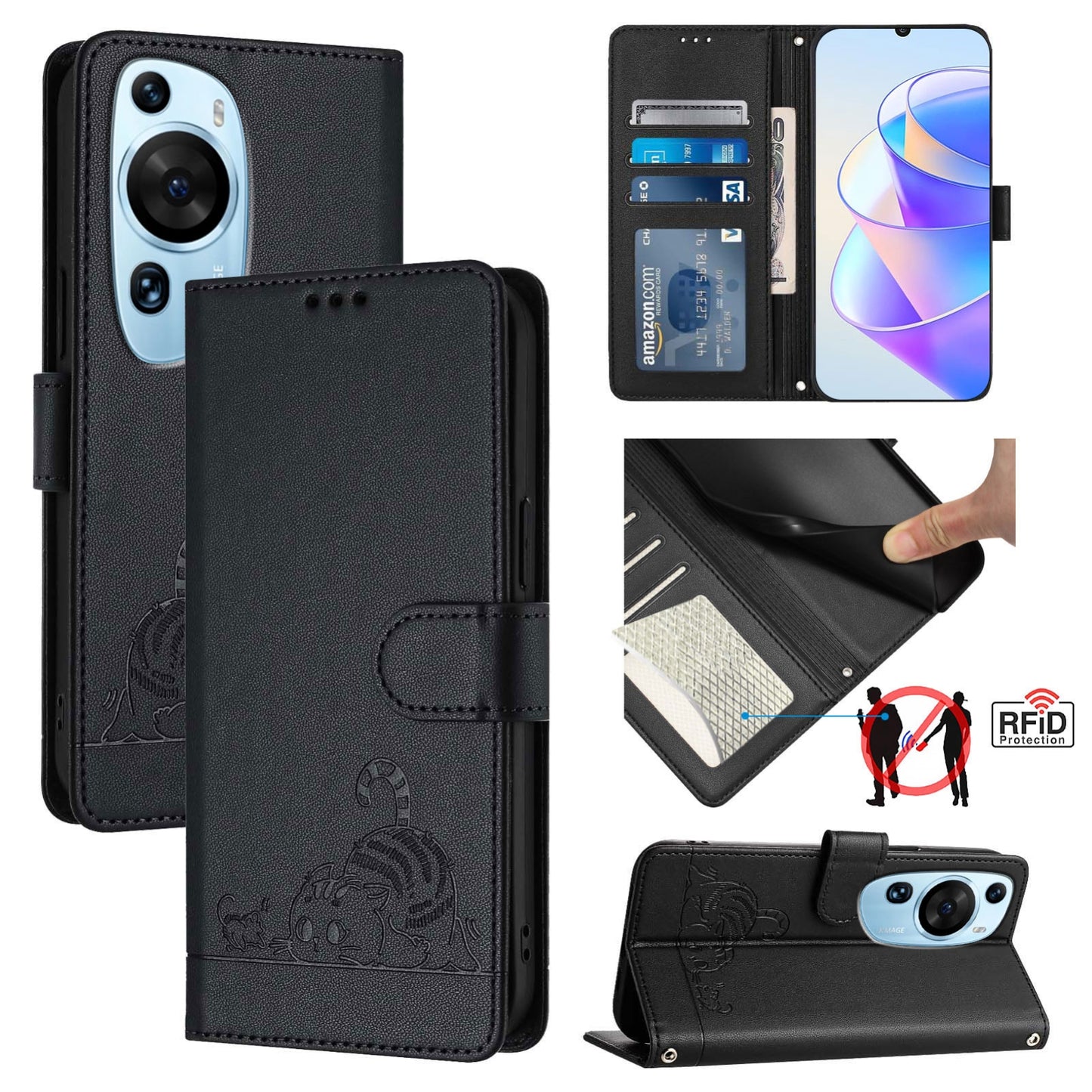 Huawei P60 Art Cat and Rat Embossed Pattern, RFID Leather Phone Case with Lanyard, Kickstand, and Wallet Features