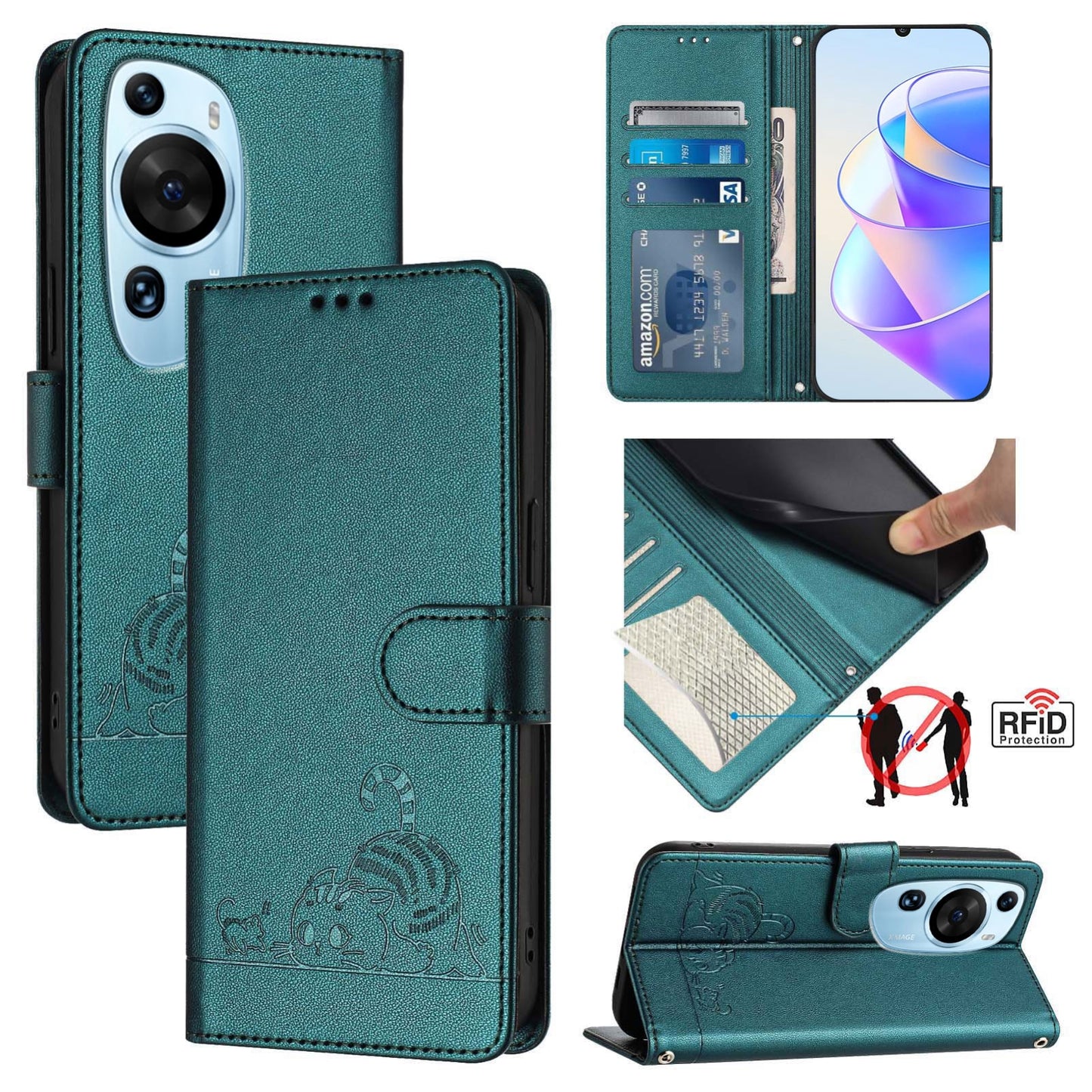 Huawei P60 Art Cat and Rat Embossed Pattern, RFID Leather Phone Case with Lanyard, Kickstand, and Wallet Features