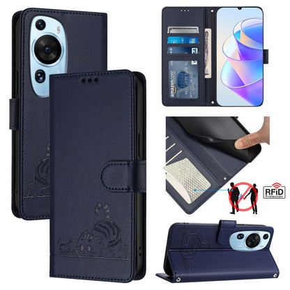 Huawei P60 Art Cat and Rat Embossed Pattern, RFID Leather Phone Case with Lanyard, Kickstand, and Wallet Features