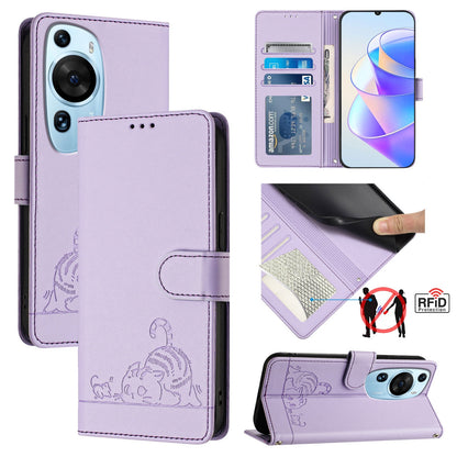 Huawei P60 Art Cat and Rat Embossed Pattern, RFID Leather Phone Case with Lanyard, Kickstand, and Wallet Features