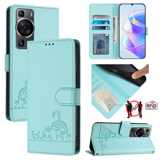 Huawei P60 Cat and Rat Embossed Pattern, RFID Leather Phone Case with Lanyard, Kickstand, and Wallet Features