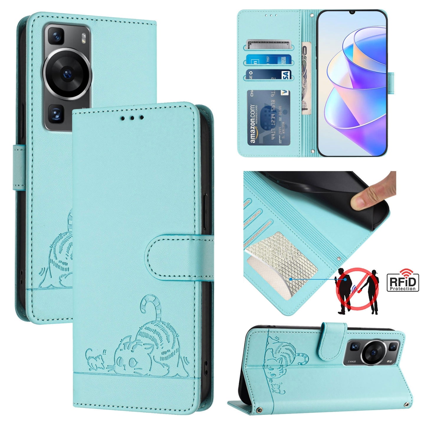 Huawei P60 Pro Cat and Rat Embossed Pattern, RFID Leather Phone Case with Lanyard, Kickstand, and Wallet Features