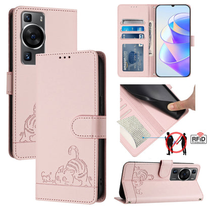 Huawei P60 Cat and Rat Embossed Pattern, RFID Leather Phone Case with Lanyard, Kickstand, and Wallet Features