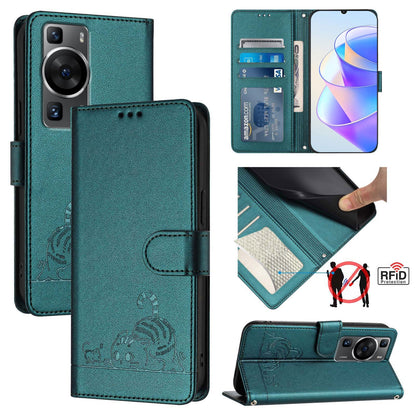 Huawei P60 Cat and Rat Embossed Pattern, RFID Leather Phone Case with Lanyard, Kickstand, and Wallet Features