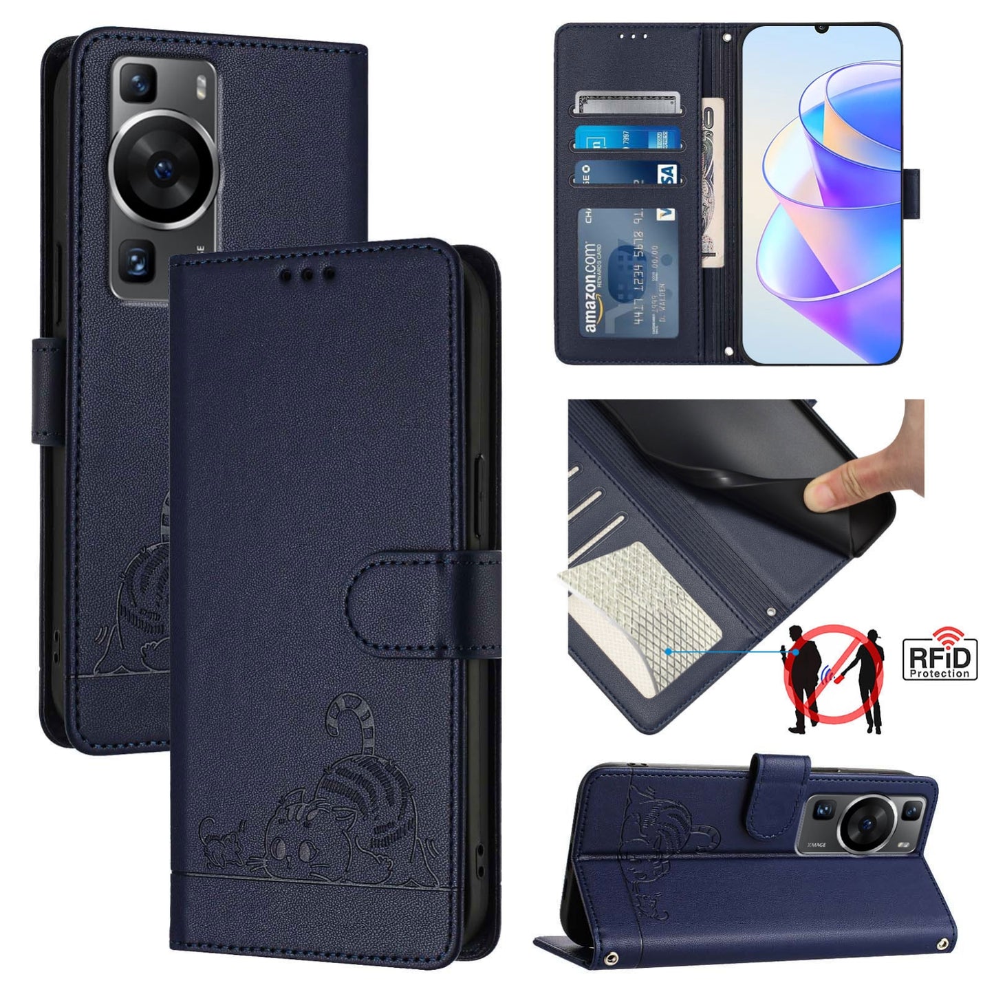 Huawei P60 Pro Cat and Rat Embossed Pattern, RFID Leather Phone Case with Lanyard, Kickstand, and Wallet Features