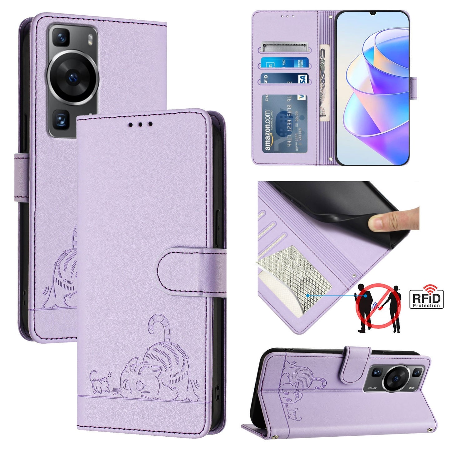 Huawei P60 Cat and Rat Embossed Pattern, RFID Leather Phone Case with Lanyard, Kickstand, and Wallet Features