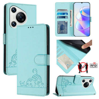 Huawei Pura 70 Cat and Rat Embossed Pattern, RFID Leather Phone Case with Lanyard, Kickstand, and Wallet Features