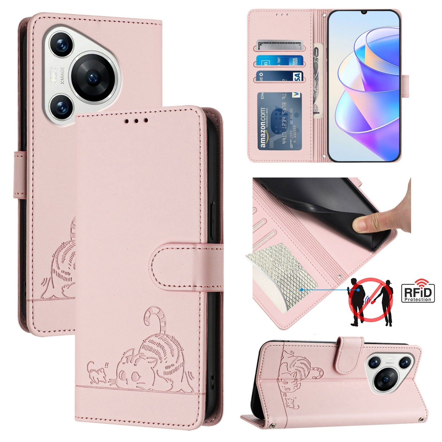 Huawei Pura 70 Cat and Rat Embossed Pattern, RFID Leather Phone Case with Lanyard, Kickstand, and Wallet Features