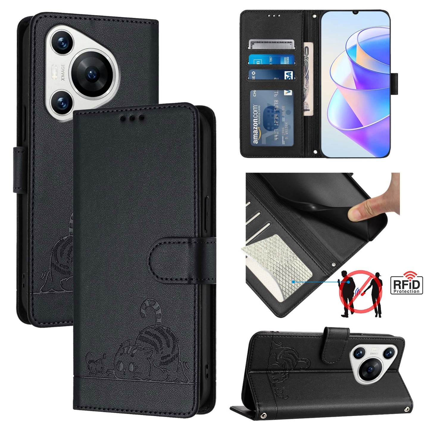 Huawei Pura 70 Cat and Rat Embossed Pattern, RFID Leather Phone Case with Lanyard, Kickstand, and Wallet Features