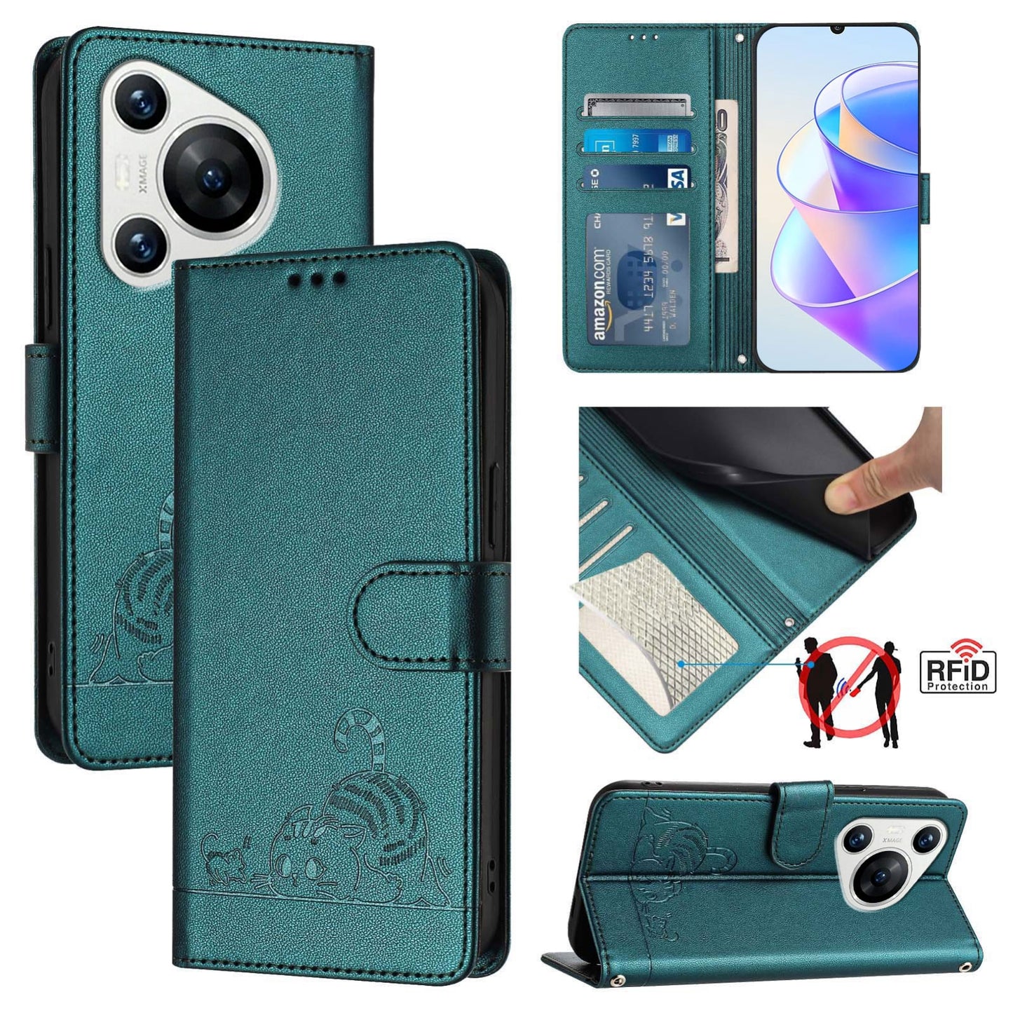 Huawei Pura 70 Cat and Rat Embossed Pattern, RFID Leather Phone Case with Lanyard, Kickstand, and Wallet Features