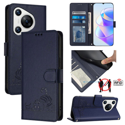 Huawei Pura 70 Cat and Rat Embossed Pattern, RFID Leather Phone Case with Lanyard, Kickstand, and Wallet Features