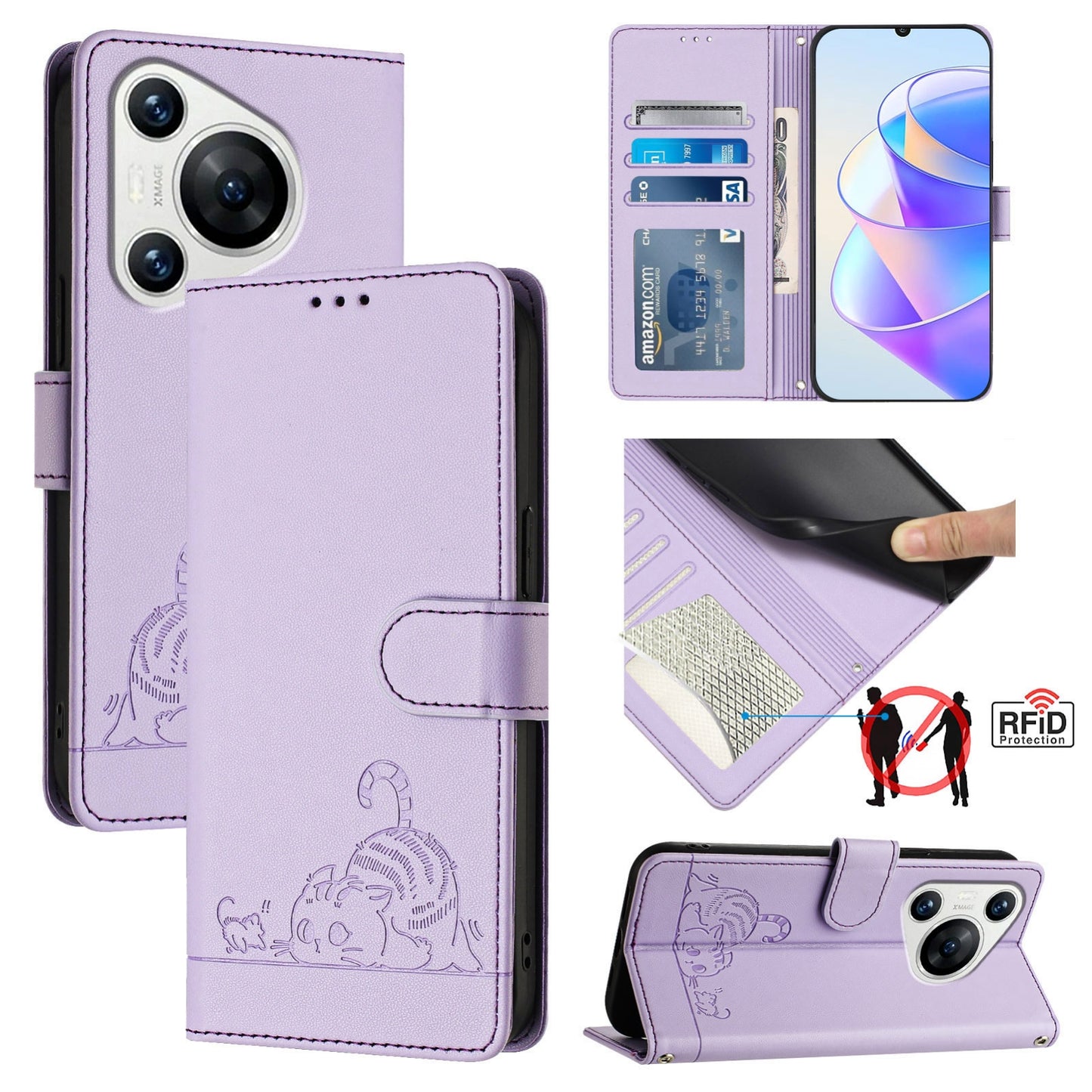 Huawei Pura 70 Cat and Rat Embossed Pattern, RFID Leather Phone Case with Lanyard, Kickstand, and Wallet Features