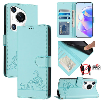 Huawei Pura 70 Pro Cat and Rat Embossed Pattern, RFID Leather Phone Case with Lanyard, Kickstand, and Wallet Features