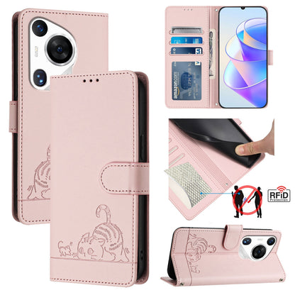 Huawei Pura 70 Pro Cat and Rat Embossed Pattern, RFID Leather Phone Case with Lanyard, Kickstand, and Wallet Features