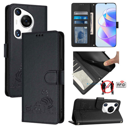 Huawei Pura 70 Pro Cat and Rat Embossed Pattern, RFID Leather Phone Case with Lanyard, Kickstand, and Wallet Features