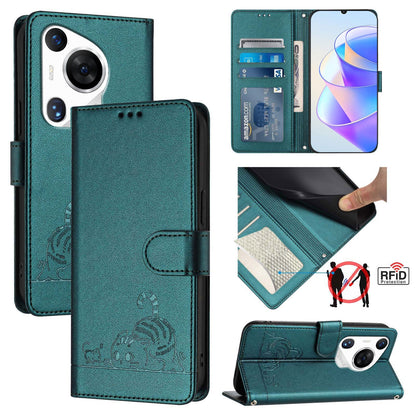 Huawei Pura 70 Pro Cat and Rat Embossed Pattern, RFID Leather Phone Case with Lanyard, Kickstand, and Wallet Features