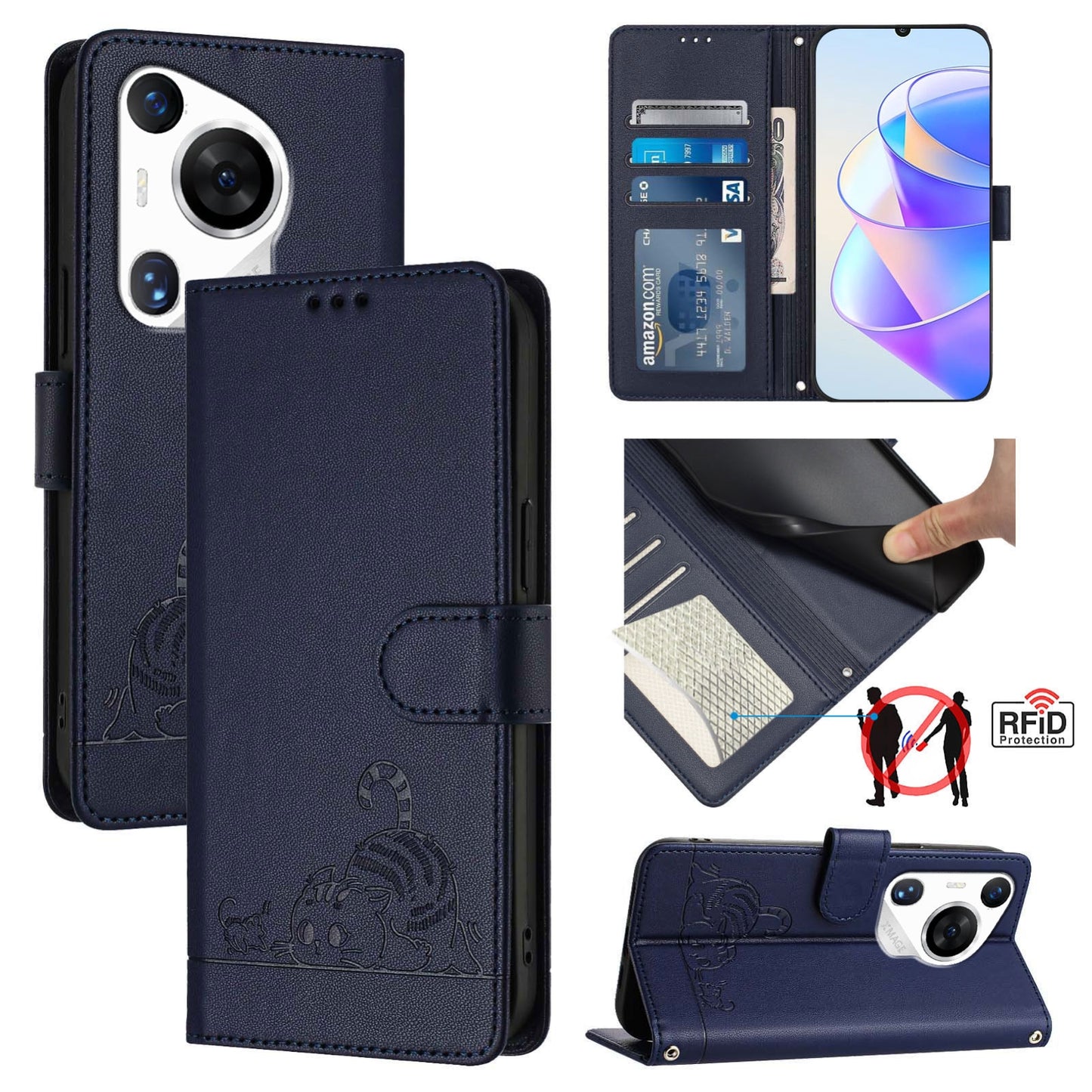 Huawei Pura 70 Pro Cat and Rat Embossed Pattern, RFID Leather Phone Case with Lanyard, Kickstand, and Wallet Features